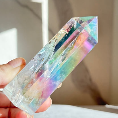 天然石 エンジェルオーラクォーツ タワー A 140g｜光と幸運を引き寄せるプリズムタワー