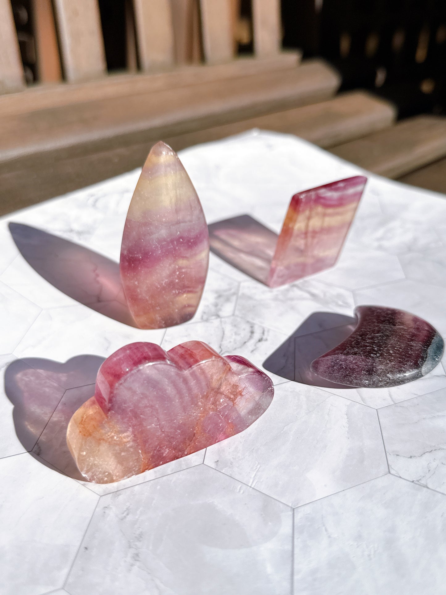 送料無料 天然石 フローライト 4点セット（雲・ダイヤ・フレーム・月）｜自分の光に気づく