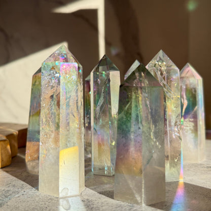 天然石 エンジェルオーラクォーツ タワー A 140g｜光と幸運を引き寄せるプリズムタワー
