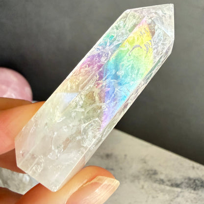 天然石 クラックオーラクォーツ タワー H36g｜光と幸運を引き寄せるプリズムタワー