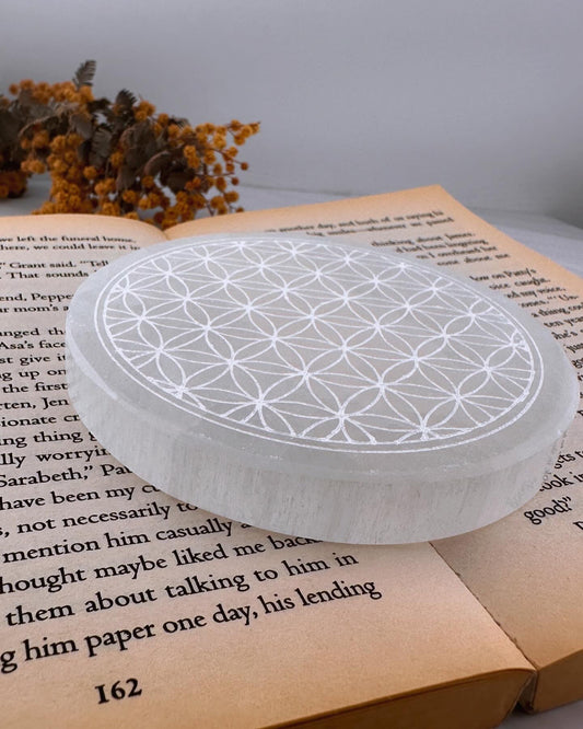 天然石 セレナイト 10cmタイプ｜神聖幾何学・フラワーオブライフ プレート