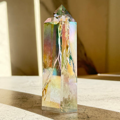 天然石 エンジェルオーラクォーツ タワー A 140g｜光と幸運を引き寄せるプリズムタワー