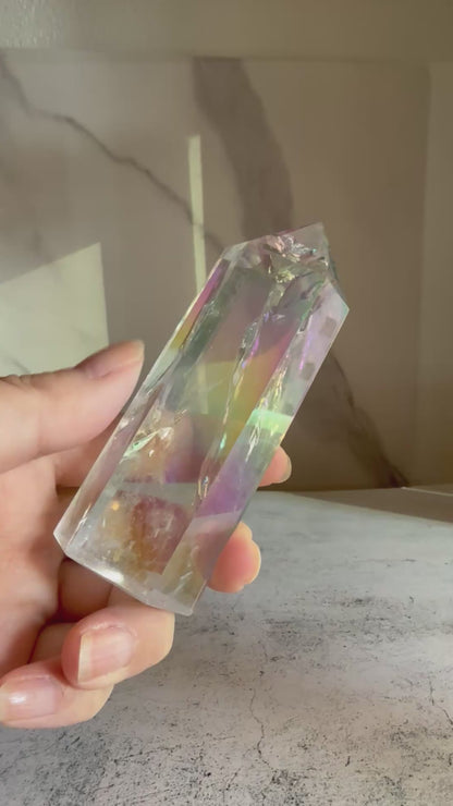 天然石 エンジェルオーラクォーツ タワー A 140g｜光と幸運を引き寄せるプリズムタワー